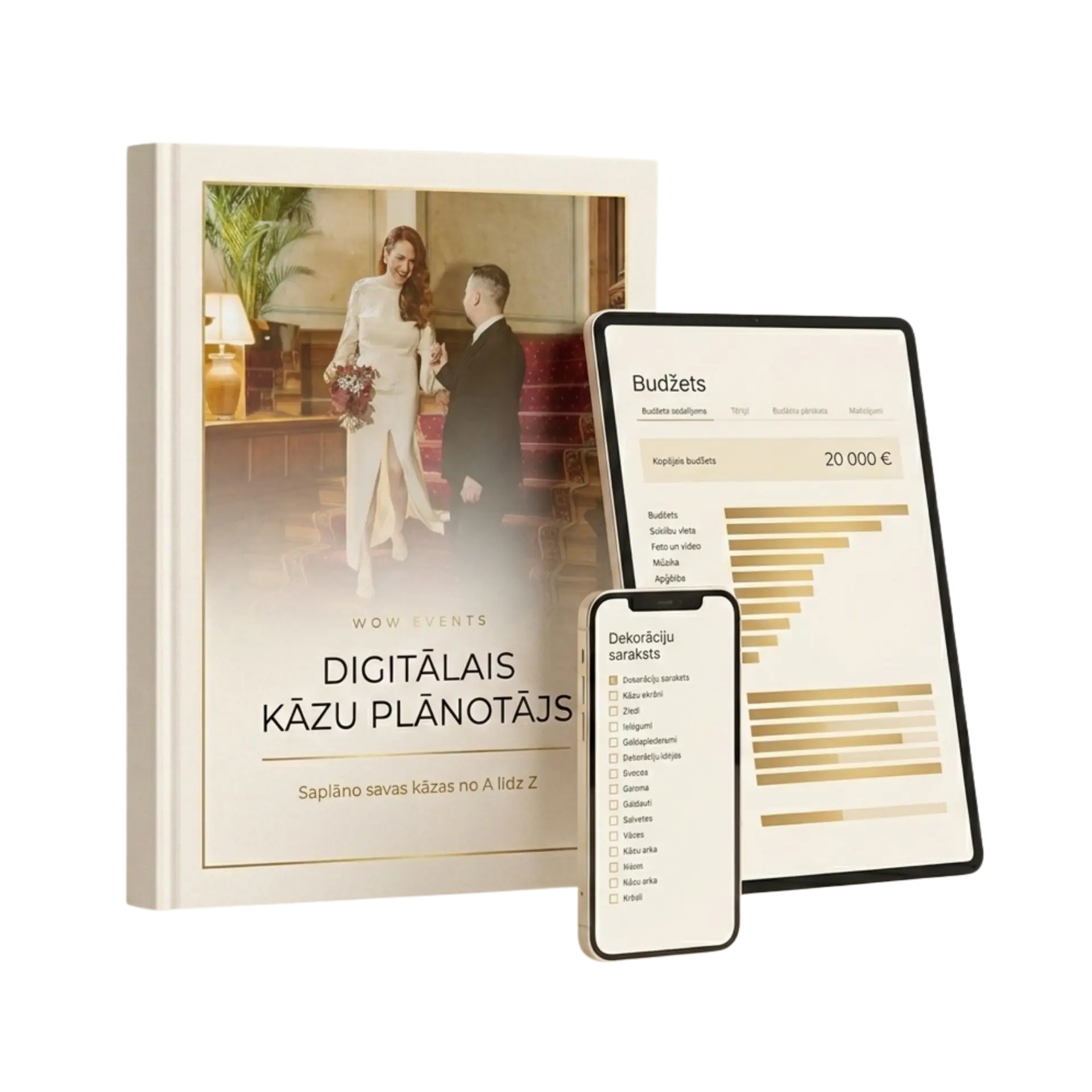 Digitālā kāzu plānotāja mockups uz telefona, planšetes un datora